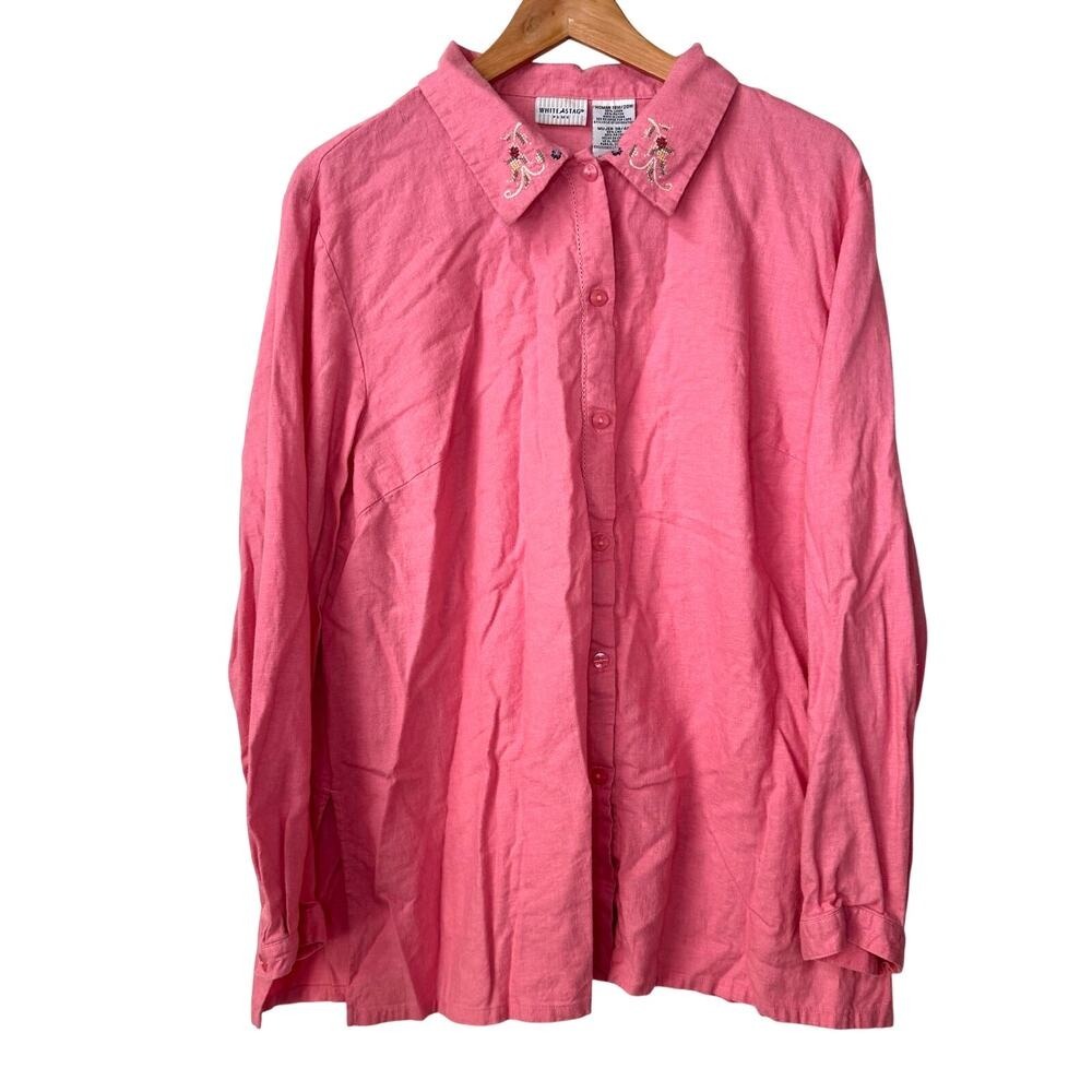 White Stag Button Up Women 18W/20W Pink Floral Embroidered Linen Cottage Granny